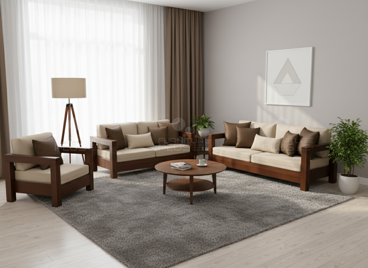 Harvard beige 3+2+1 sofa set with solid Mahogany timber frame and circular coffee table in a modern living room