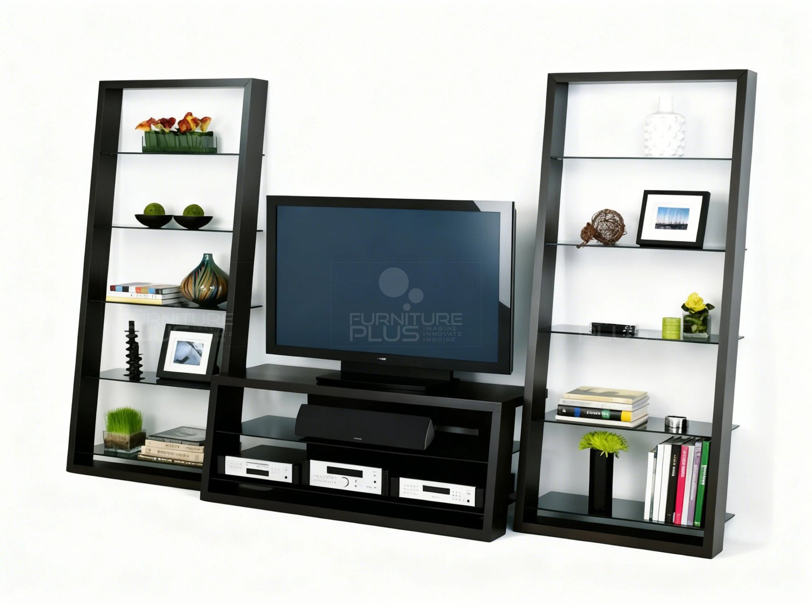Side view of a Hercules three-piece multimedia entertainment center in a dark brown or black finish. It consists of a central TV stand with open shelving for a television, soundbar, and media components. It is flanked by two tall, narrow, ladder-style bookcases with multiple clear glass shelves, all decorated with books, framed photos, and colorful accessories