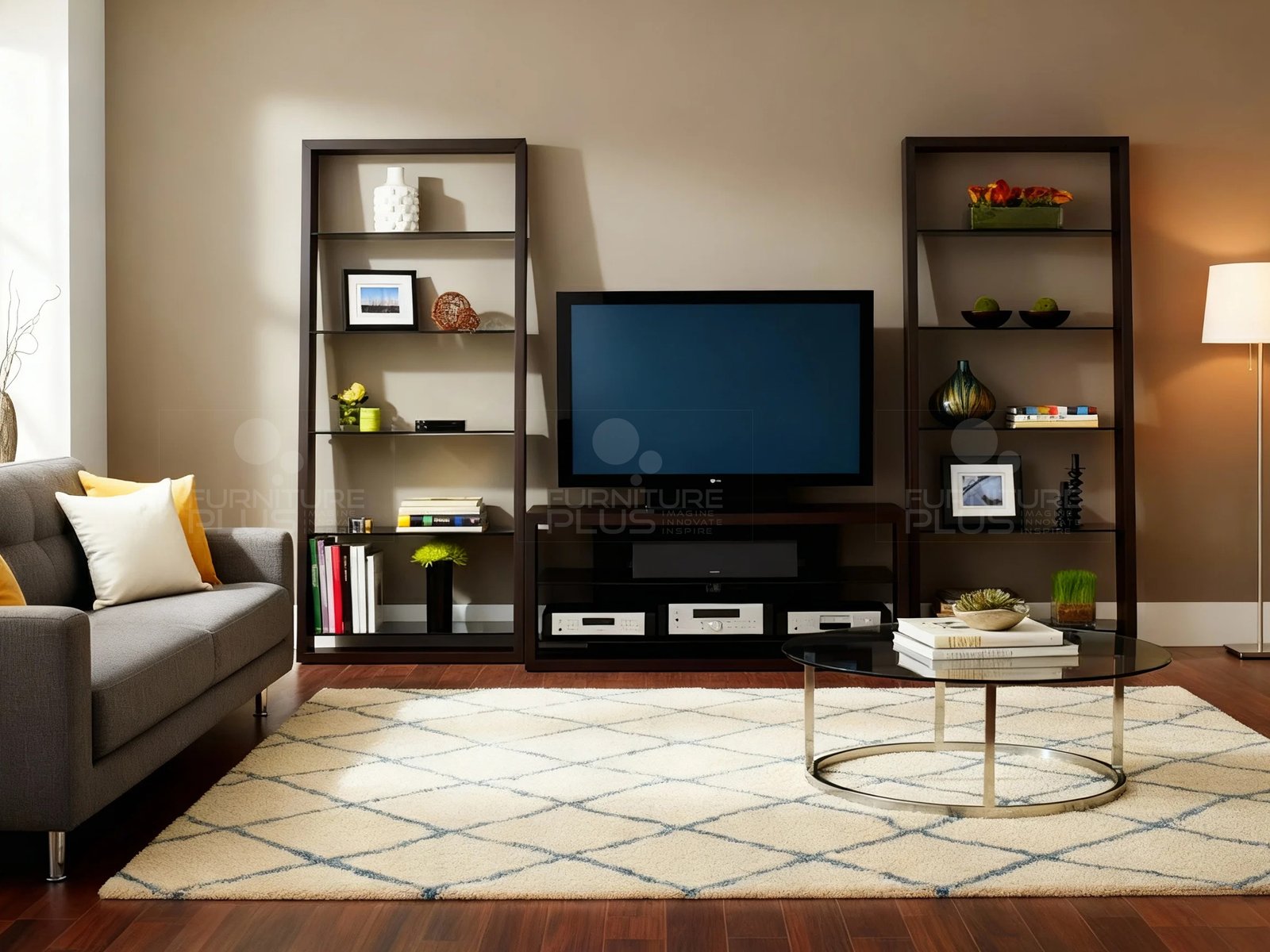 A three-piece Hercules multimedia entertainment center in a modern living room with warm brown walls. The unit includes a dark wood TV stand with open shelves holding media components and a television, flanked by two tall, dark wood bookcases with glass shelves. The shelves are decorated with books, vases, and framed photos. A gray sofa is visible on the left, and a round glass and metal coffee table sits on a large, light-colored diamond-patterned rug in the center