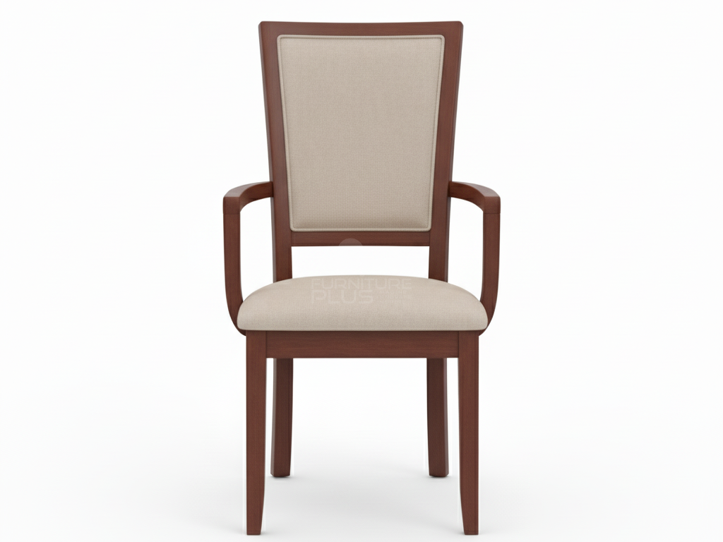 Front view of Hilary wooden dining armchair with straight arms, a reddish-brown Mahogany finish, and a high back featuring a beige padded inset panel. The rectangular seat is also upholstered in the matching light fabric