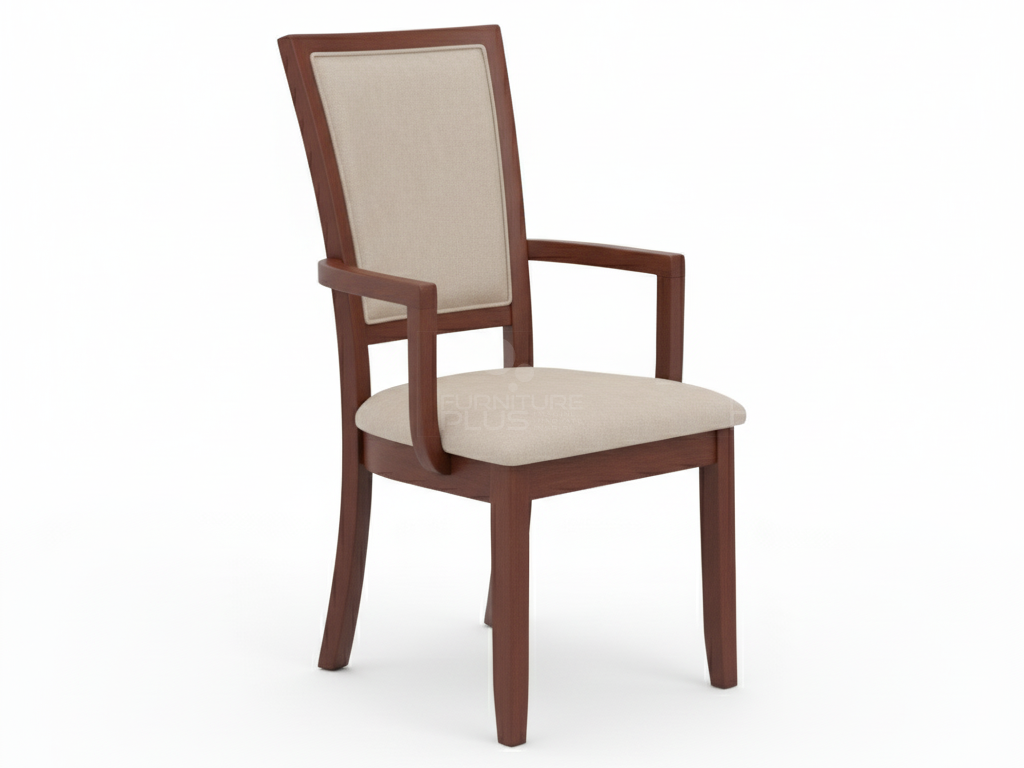 Hilary wooden dining armchair with straight arms, a reddish-brown Mahogany finish, and a high back featuring a beige padded inset panel. The rectangular seat is also upholstered in the matching light fabric