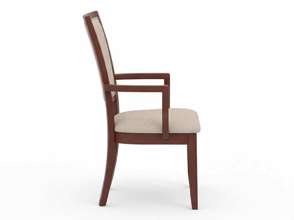 Side view of Hilary wooden dining armchair with straight arms, a reddish-brown Mahogany finish, and a high back featuring a beige padded inset panel. The rectangular seat is also upholstered in the matching light fabric