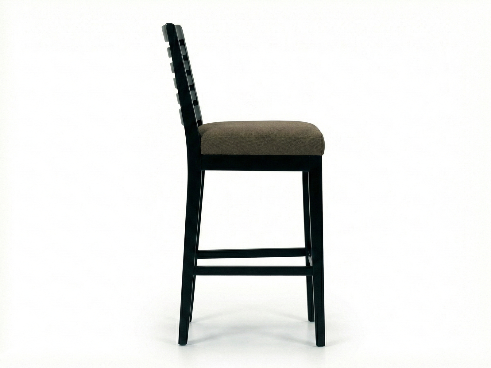 Side view of a modern Hope bar stool with a straight, dark frame and a high back featuring five horizontal slats and a slight curve at the top. The seat is padded with a textured brown fabric, providing a contrast to the black finish of the wood