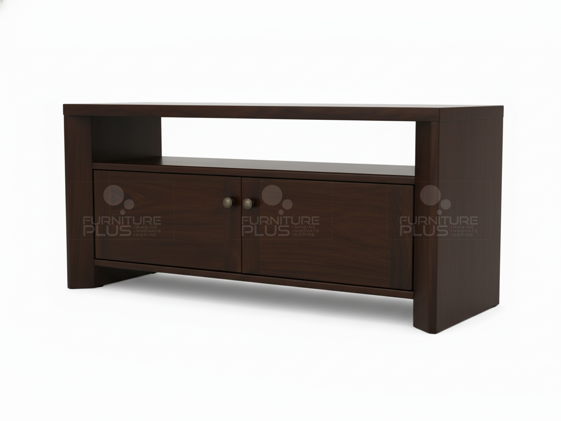 Side view of a classic, low Hulk TV stand / media console in a dark espresso finish in mahogany wood. The unit has an open top shelf for a television and a lower enclosed storage area with two paneled doors and round metal knobs. The console rests on a solid wood base, displayed against a white background