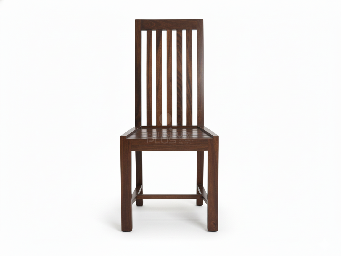 Front view of Irene modern dining chair made entirely of dark-stained Mahogany wood. It has a high back with five vertical slats and a square seat composed of matching horizontal wooden slats