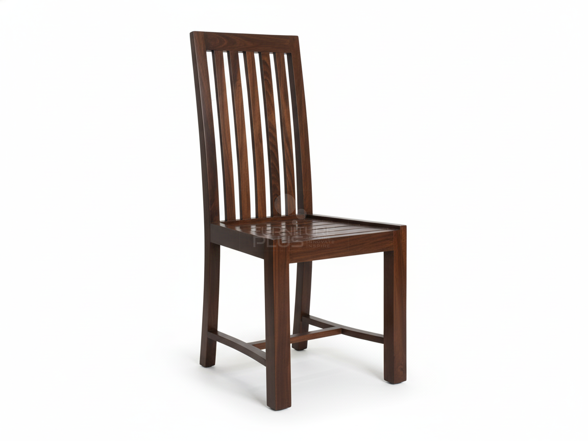 Irene modern dining chair made entirely of dark-stained Mahogany wood. It has a high back with five vertical slats and a square seat composed of matching horizontal wooden slats