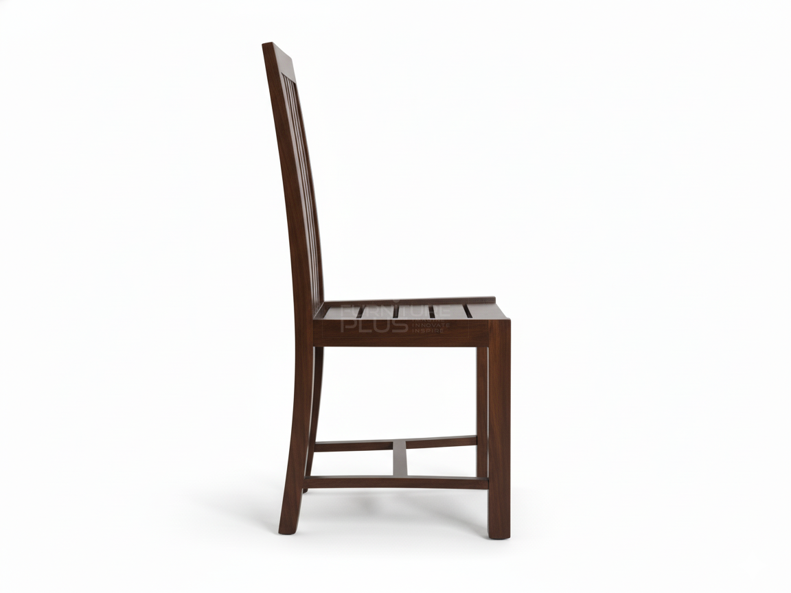 Side view of Irene modern dining chair made entirely of dark-stained Mahogany wood. It has a high back with five vertical slats and a square seat composed of matching horizontal wooden slats