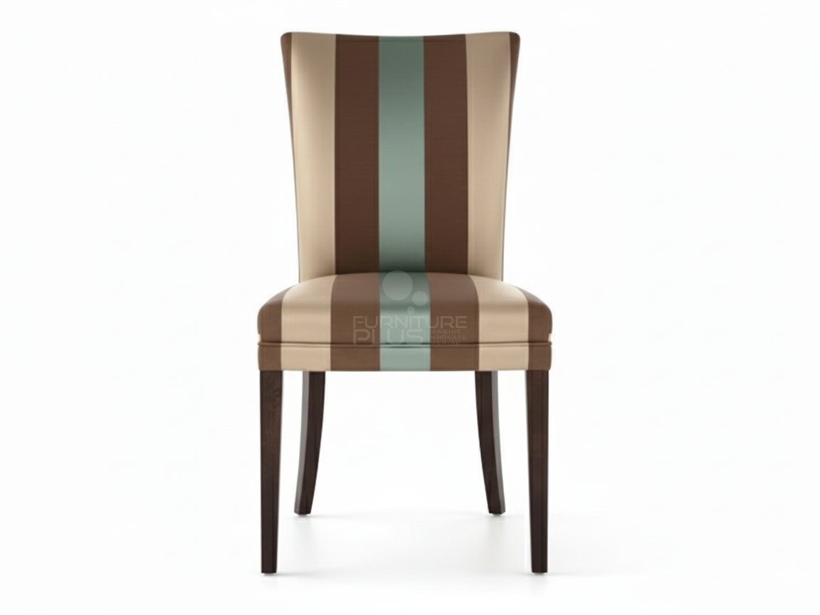 Front view of Isabel upholstered dining chair featuring a bold striped pattern on the seat and back in brown, tan, and light mint green or teal tones. The chair has a high back and stands on dark espresso wooden legs