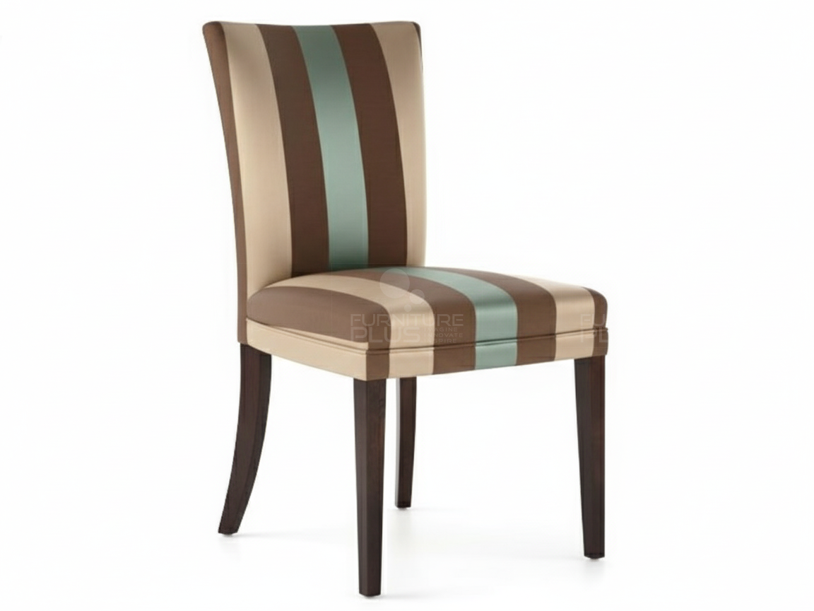 Isabel upholstered dining chair featuring a bold striped pattern on the seat and back in brown, tan, and light mint green or teal tones. The chair has a high back and stands on dark espresso wooden legs
