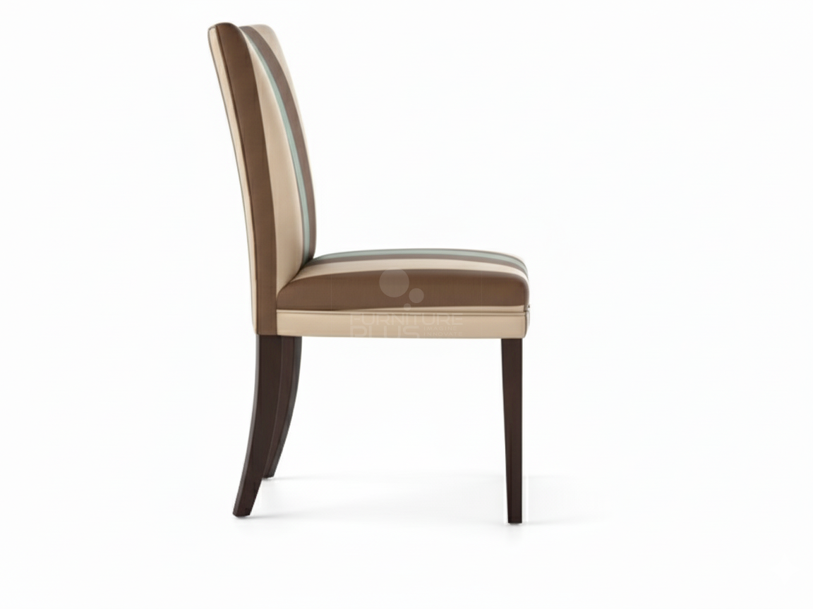Side view of Isabel upholstered dining chair featuring a bold striped pattern on the seat and back in brown, tan, and light mint green or teal tones. The chair has a high back and stands on dark espresso wooden legs