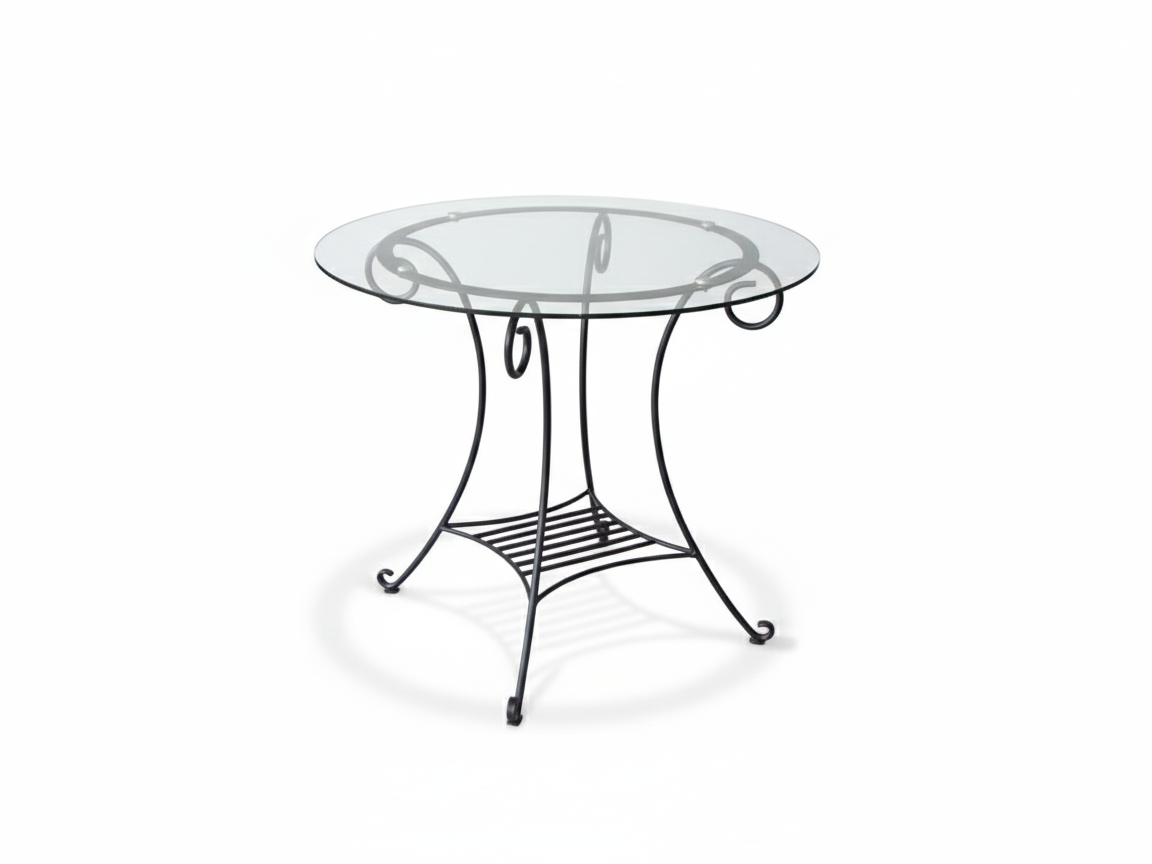 Side view of Jace glass top circular table with wrought iron base