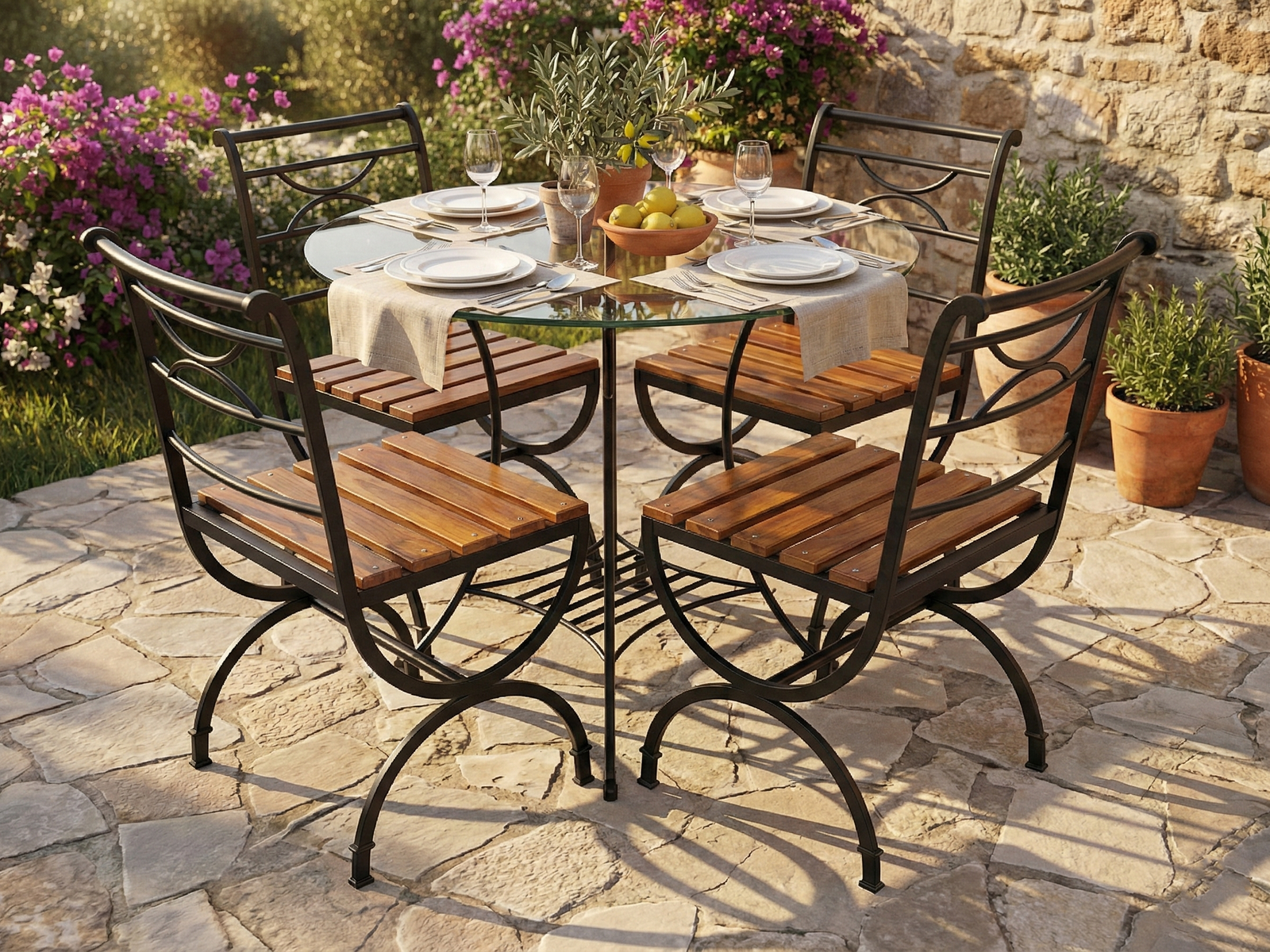 Jace four seater glass top circular table with wrought iron base with 4 wrought iron chairs in a contemporary dining room