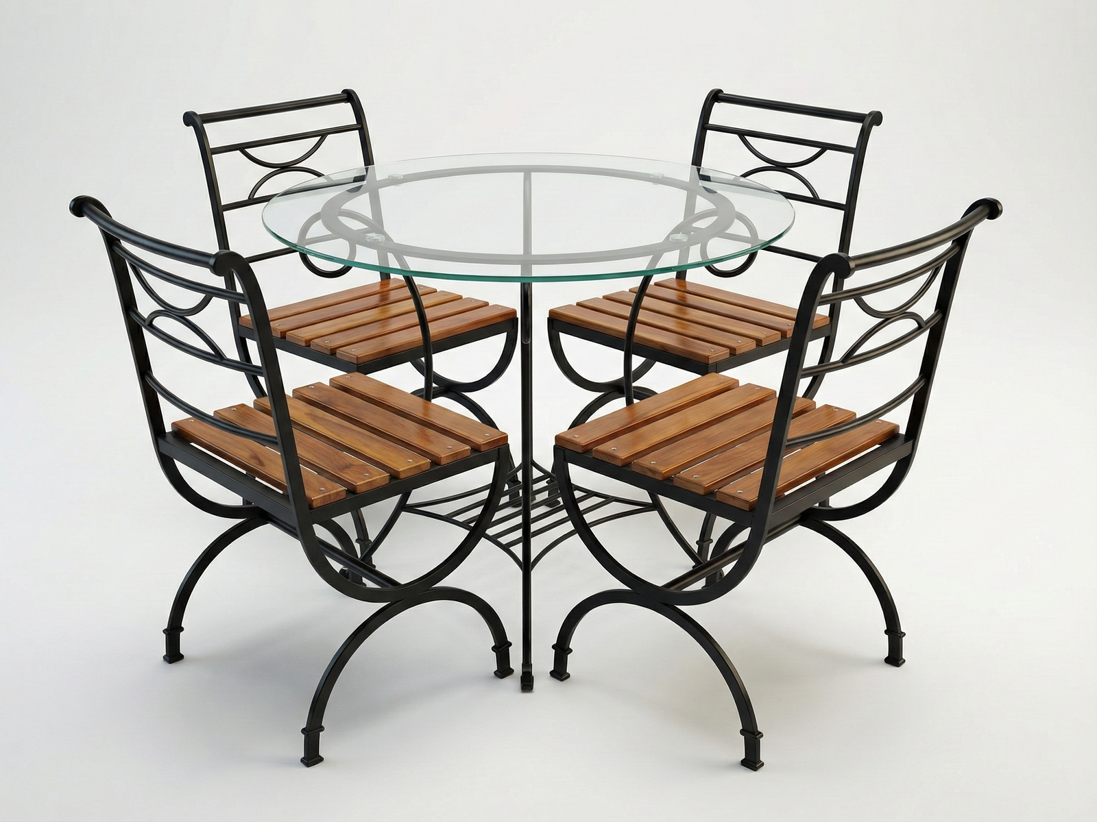 Side view of Jace glass top circular table with wrought iron base with 4 Beth Chairs