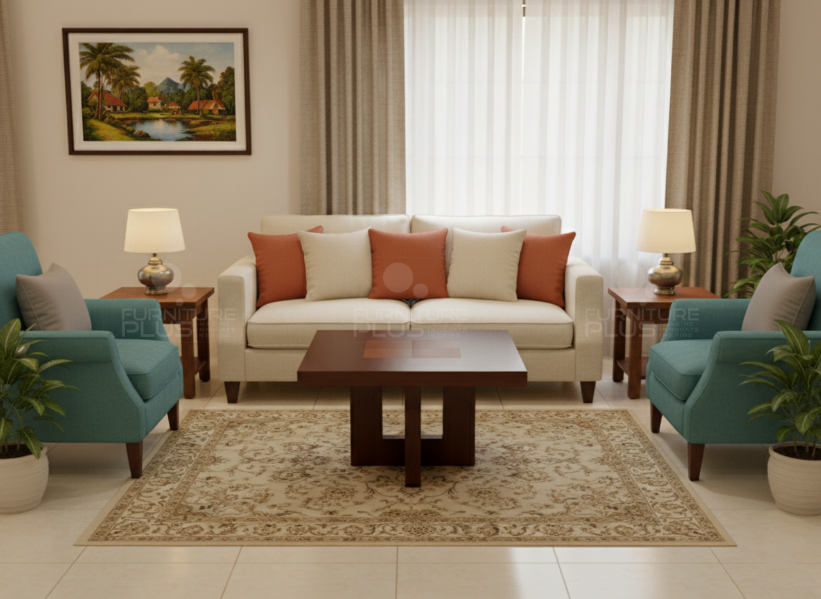 Jacob - coffee table made out of solid Mahogany timber front angle staged in a modern living room