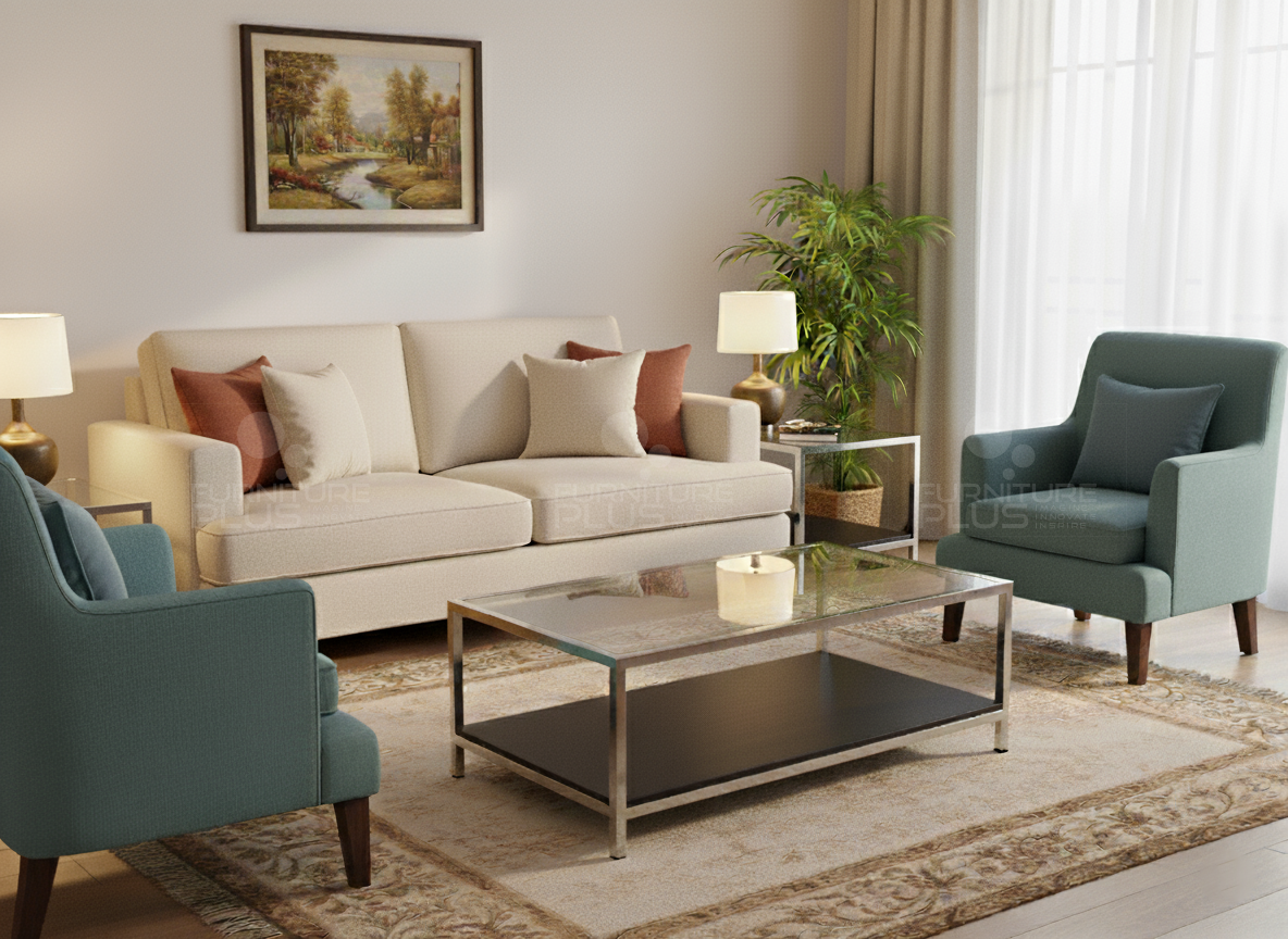 Jake - coffee table with glass top and stainless steel base staged in a modern living room