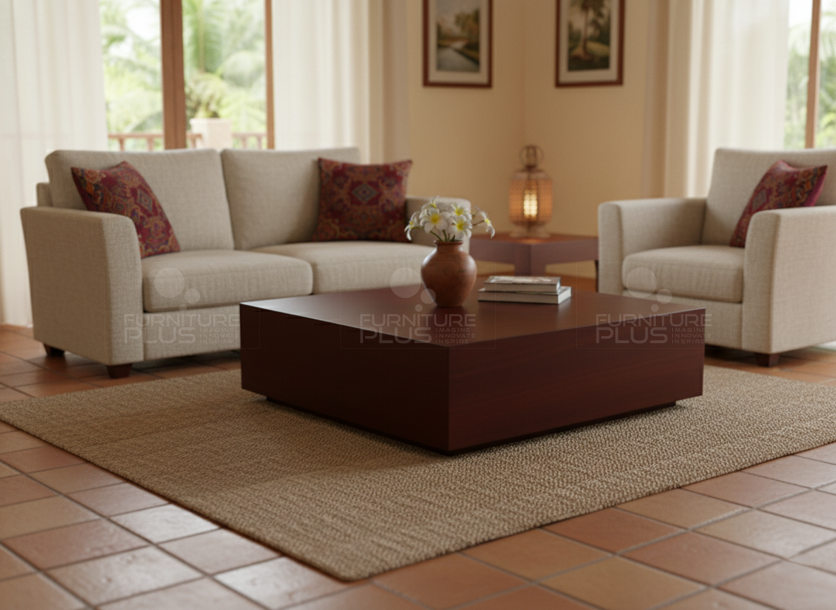 Jarvis - square coffee table made out of solid Mahogany timber side angle staged in a modern living room