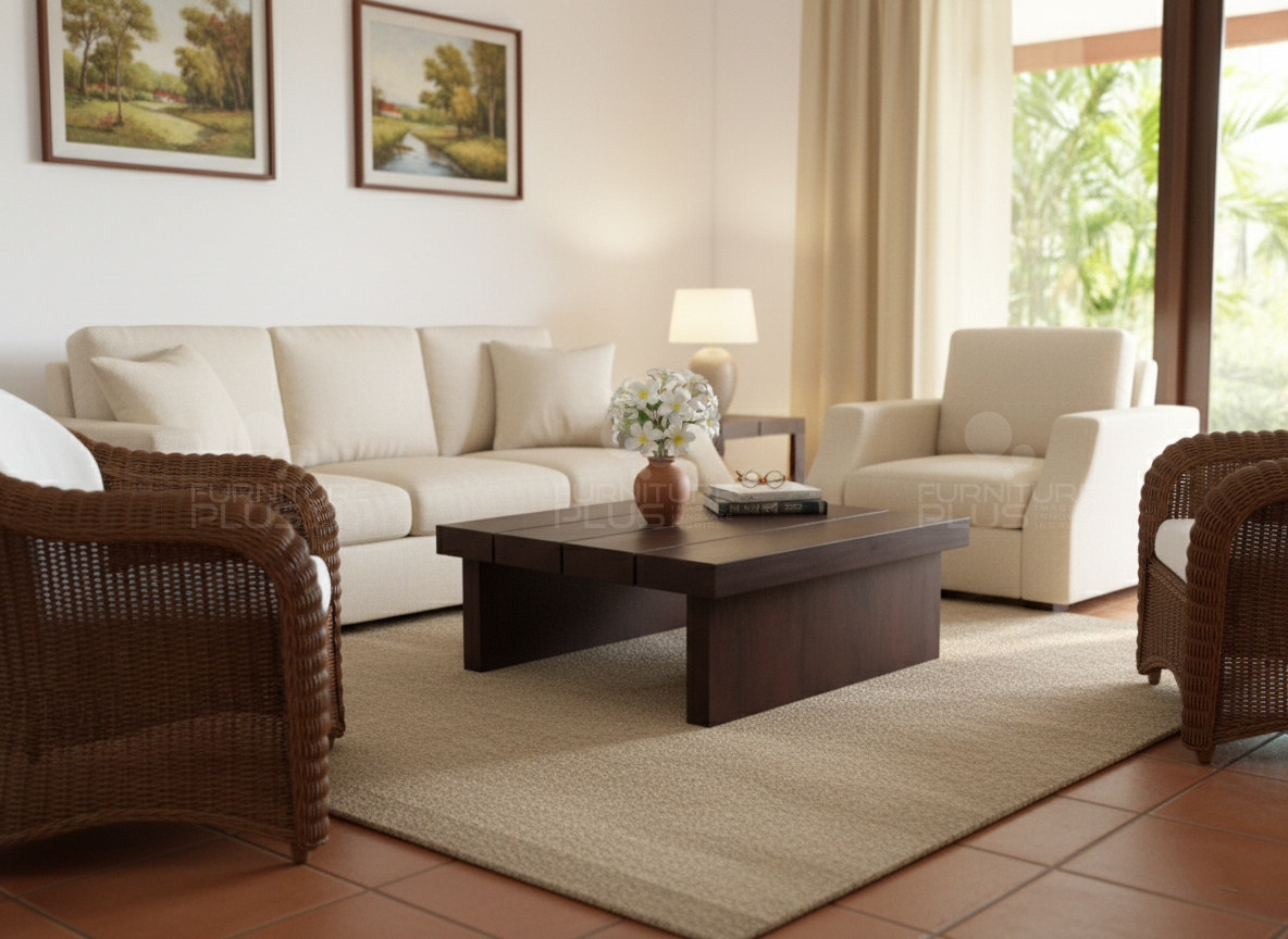 Jason - coffee table made out of solid Mahogany timber side angle staged in a modern living room