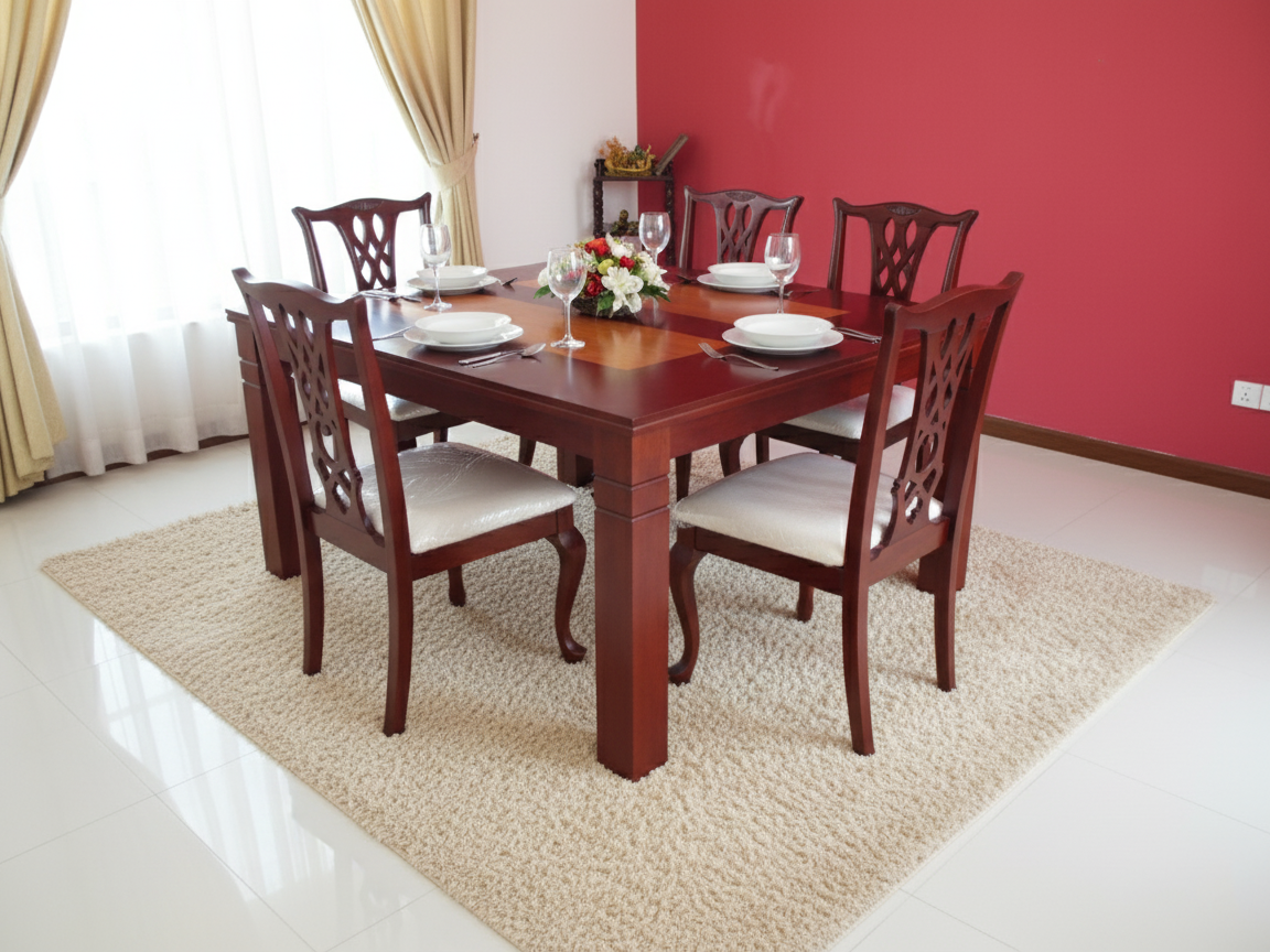 Jim six seater dining table with lighter color patch on the table top and solid square legs grove pattern made out of Mahogany wood with 6 dining chairs in a modern dining room