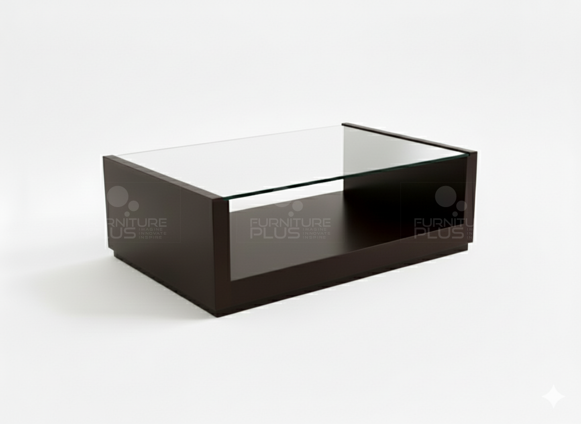 John - rectangular coffee table made out of solid Mahogany timber with glass top side angle