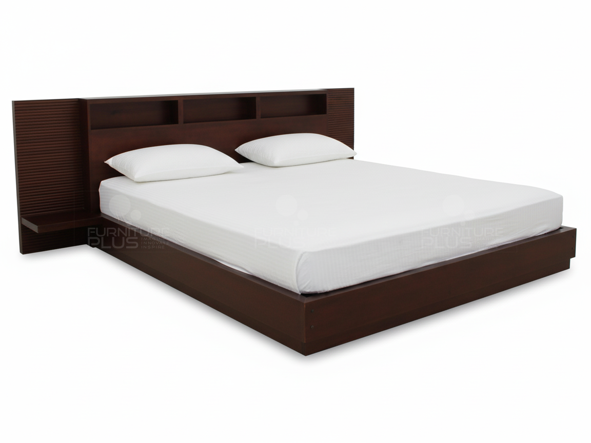 Side view of Ultra-modern dark espresso wooden Josephine platform bed with an oversized headboard featuring integrated cubby shelving, side tables, mattress and decorative grooved paneling
