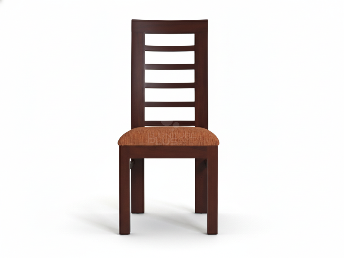 Front view of Julia contemporary wooden dining chair with a mahogany stain. The high back has an open ladder design, and the seat is padded and covered in a textured reddish-orange fabric