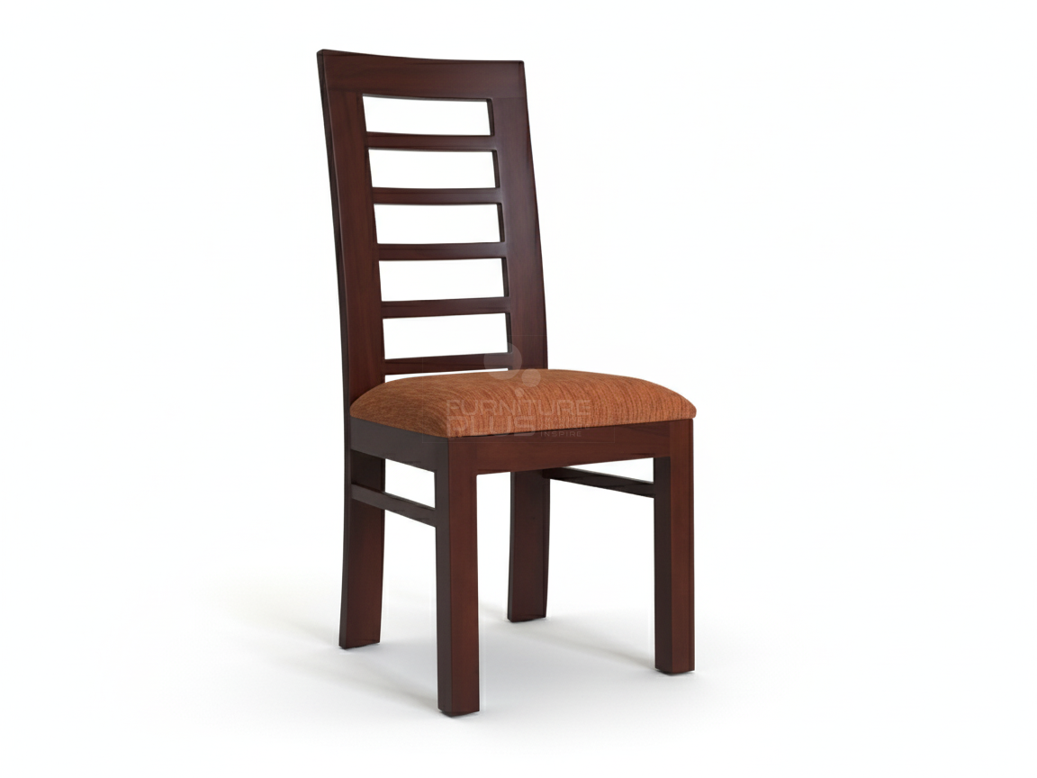 Julia contemporary wooden dining chair with a mahogany stain. The high back has an open ladder design, and the seat is padded and covered in a textured reddish-orange fabric