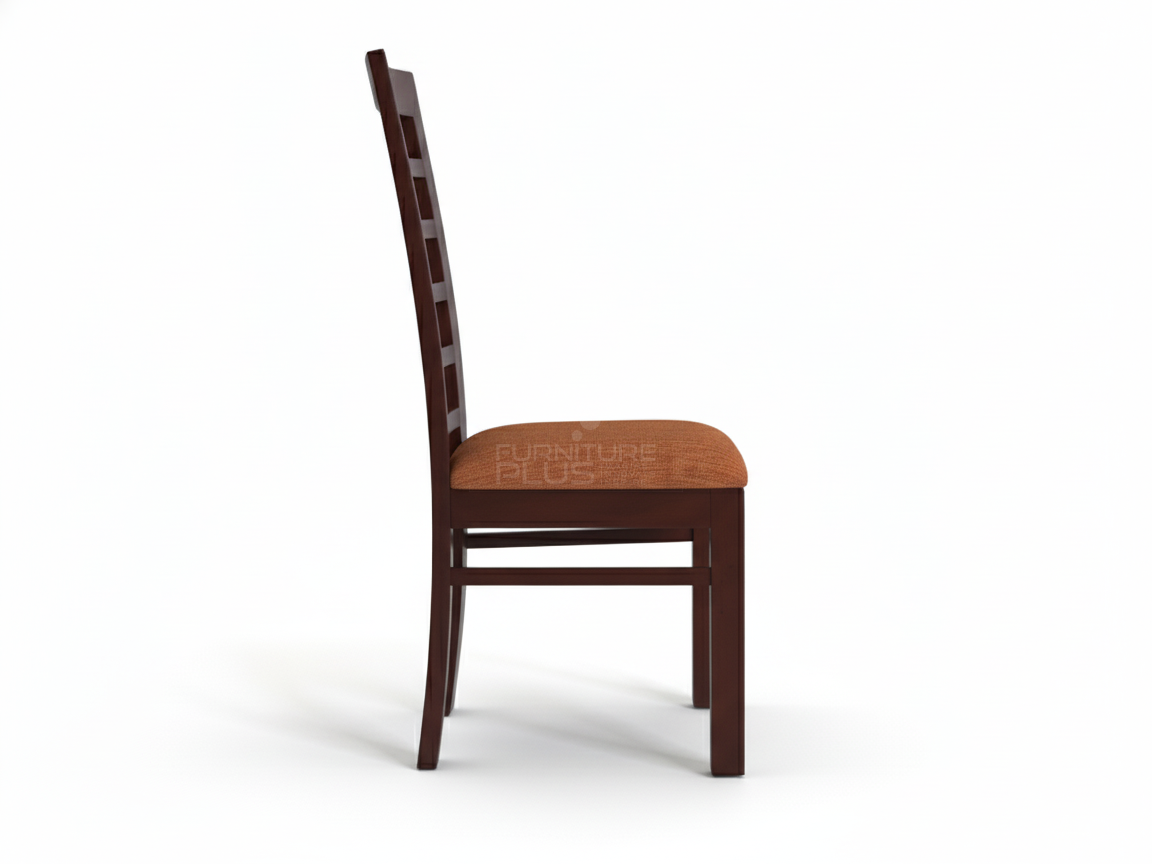 Side view of Julia contemporary wooden dining chair with a mahogany stain. The high back has an open ladder design, and the seat is padded and covered in a textured reddish-orange fabric