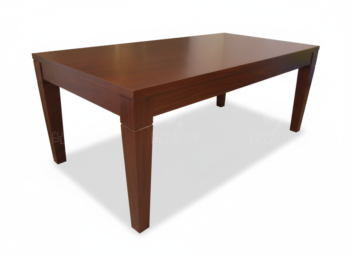 Side view of Kane dining table with timber top and tapered and grooved patterned legs made out of Mahogany wood