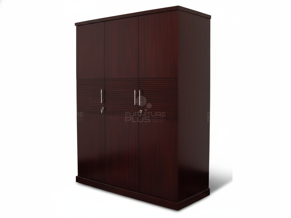 Side view of a Kate three-door wooden wardrobe in a very dark reddish-brown or mahogany finish. The doors feature a wide, horizontal band of carved slatted texture across the middle, with silver bar handles and locks positioned on the band