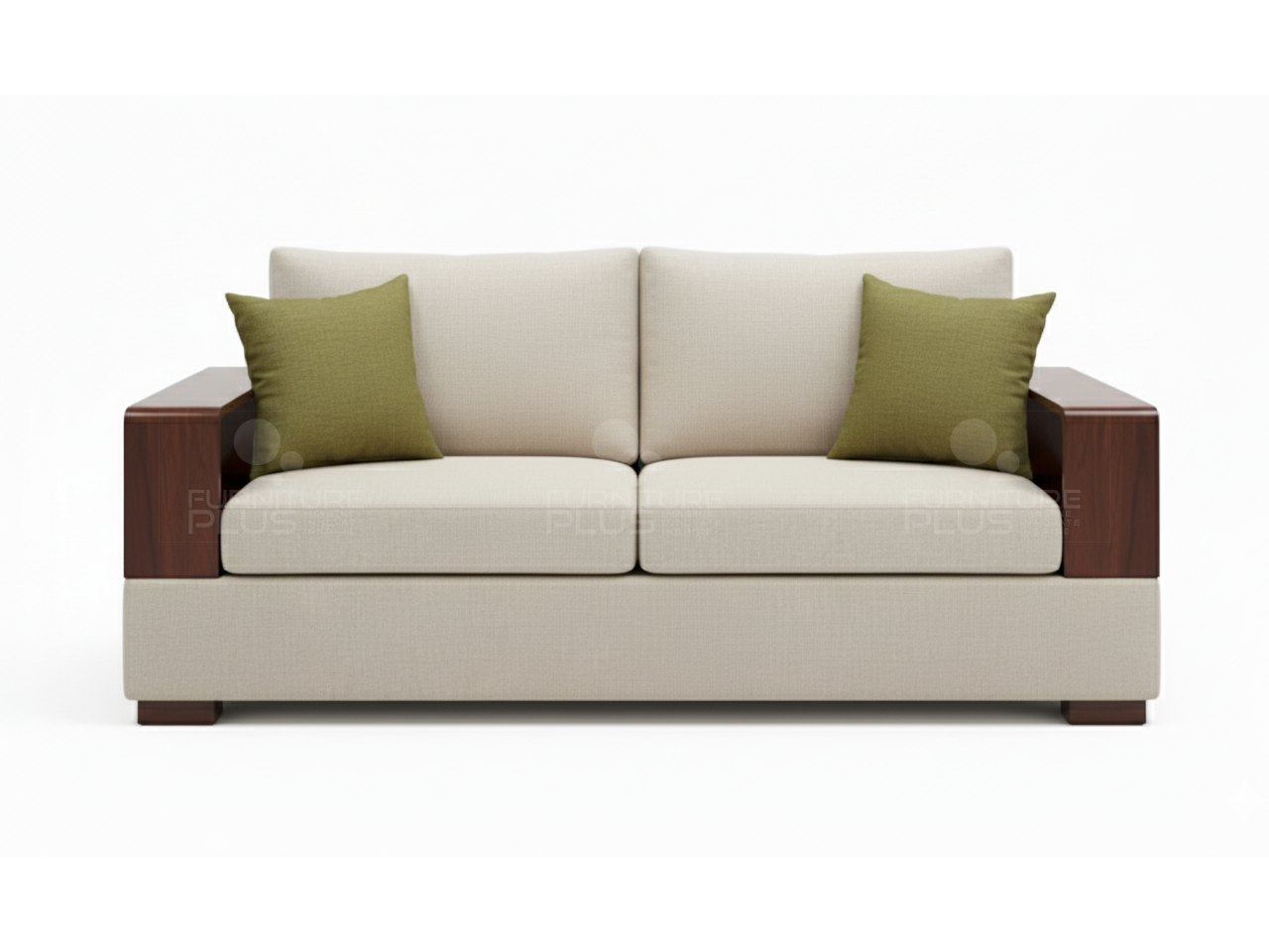 Front view of Kempton fully upholstered grey two seater sofa two timber book arms and two green throw pillows