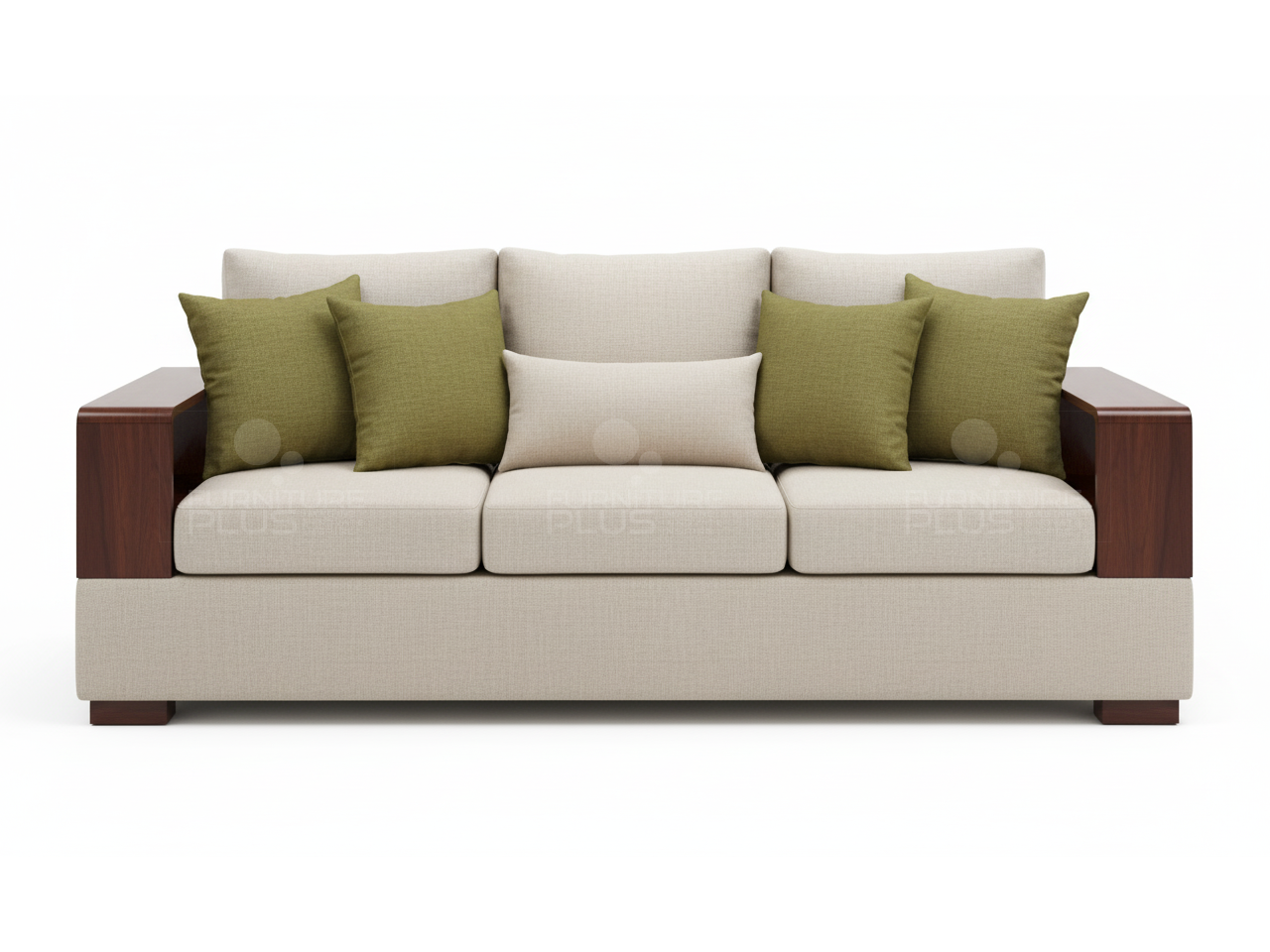 Front view of Kempton fully upholstered grey three seater sofa two timber book arms and five throw pillows