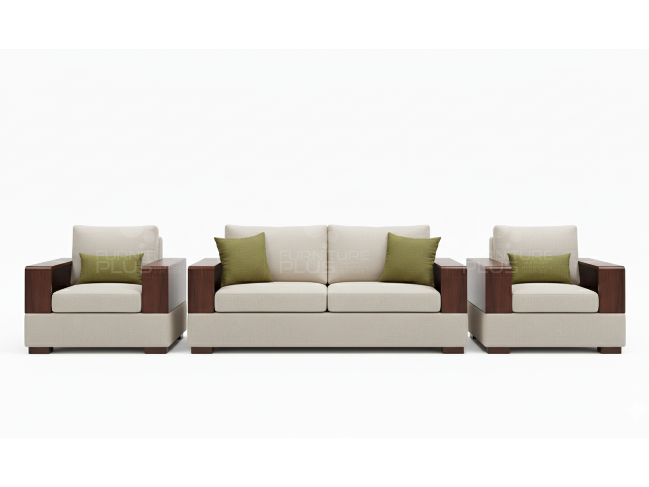 Kempton fully upholstered grey 3+1+1 sofa set with timber book arms