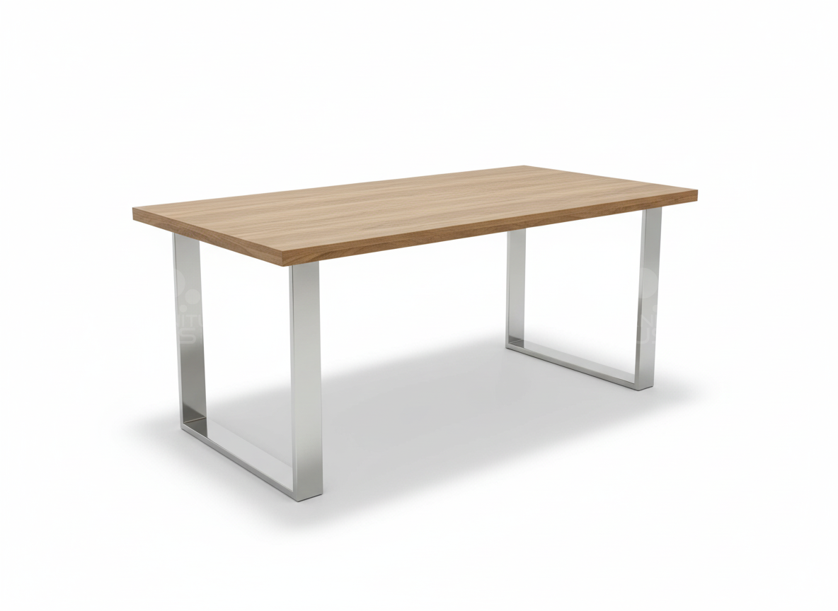 Side view of Kenny dining table with solid flat Stainless-Steel base and the solid Mahogany timber top