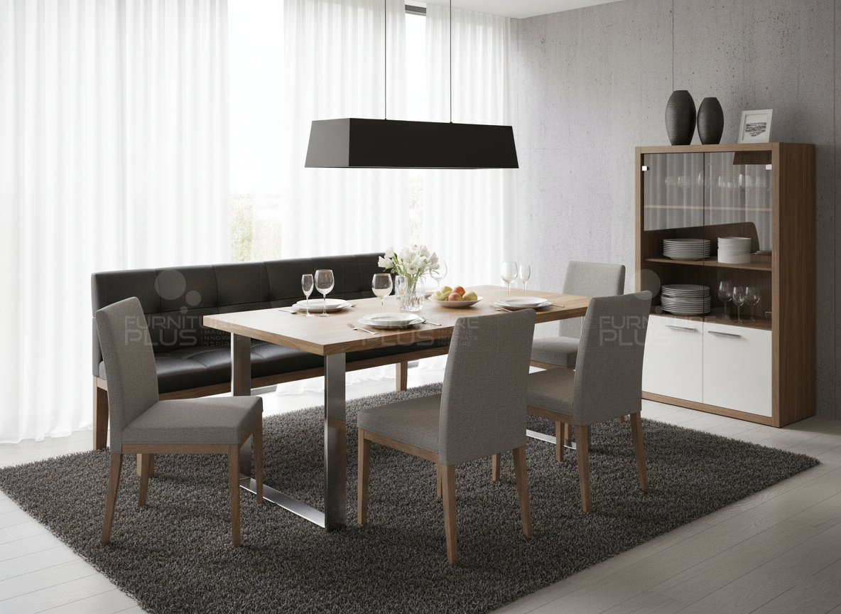 Kenny six seater dining table with solid flat Stainless-Steel base and the solid Mahogany timber top with 6 dining chairs in a modern dining room