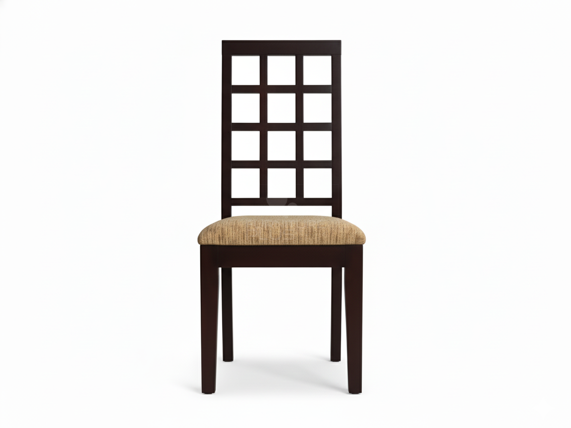 Front view of Laura contemporary dining chair with a dark brown Mahogany frame. The tall back is composed of a grid of nine square open panels, and the seat is padded and covered in a neutral-colored woven fabric