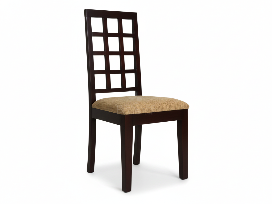 Laura contemporary dining chair with a dark brown Mahogany frame. The tall back is composed of a grid of nine square open panels, and the seat is padded and covered in a neutral-colored woven fabric