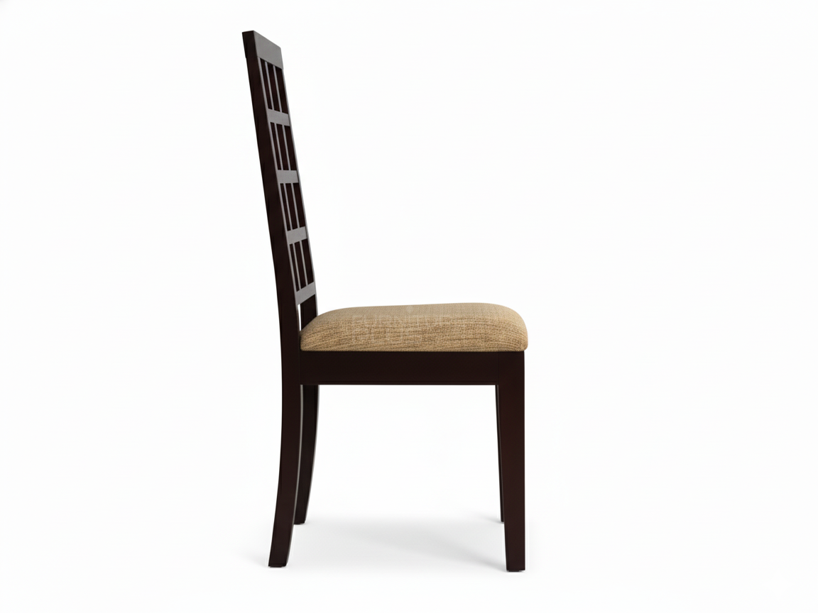 Side view of Laura contemporary dining chair with a dark brown Mahogany frame. The tall back is composed of a grid of nine square open panels, and the seat is padded and covered in a neutral-colored woven fabric