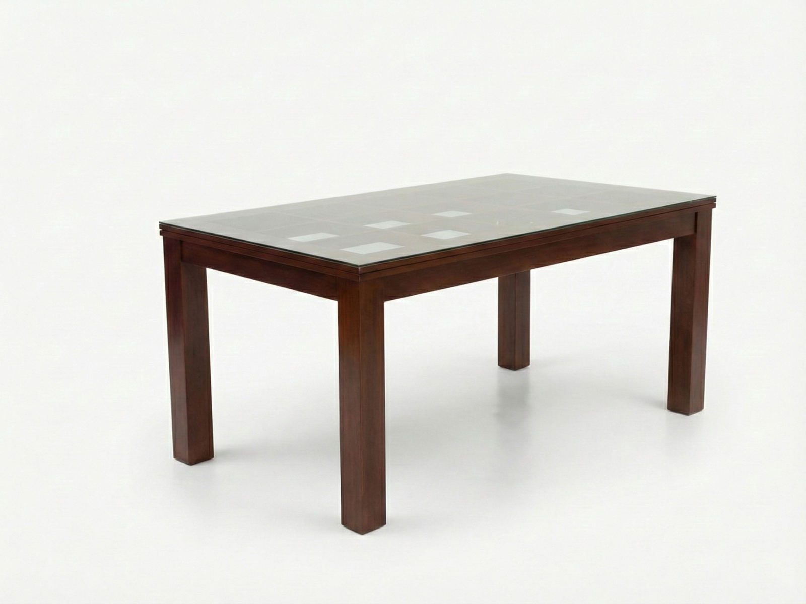 Side view of Leon Glass top dining table with solid square legs and frame made of Mahogany timber