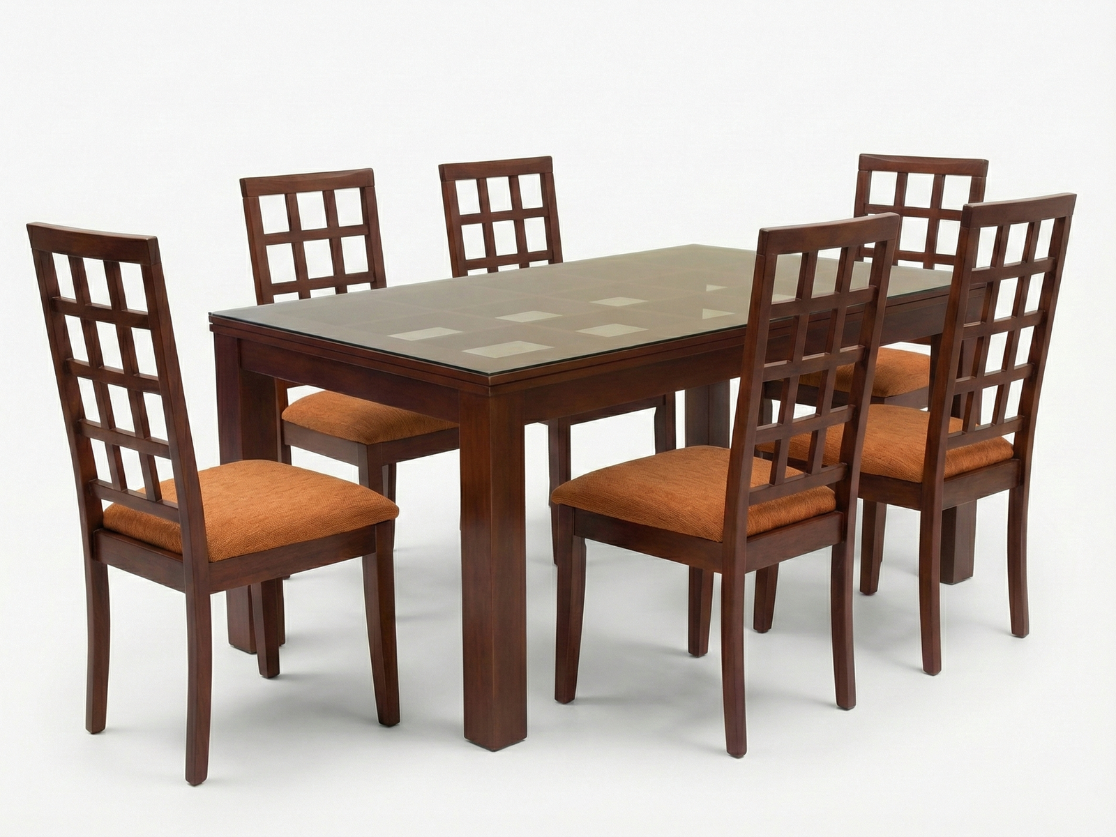 Side view of Leon Glass top dining table with solid square legs and frame made of Mahogany timber with 6 laura Chairs