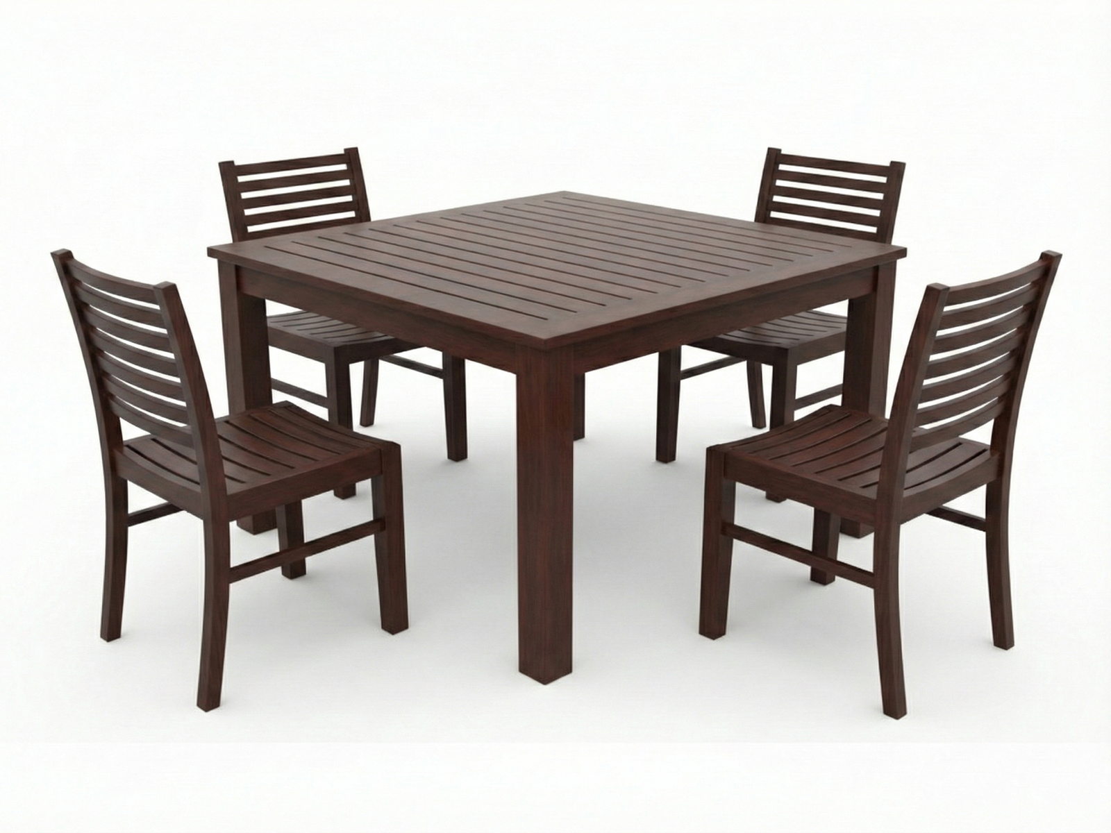 Side view Lief square dining table with pass through grooved top and solid square legs made out of Mahogany wood with 4 Chairs