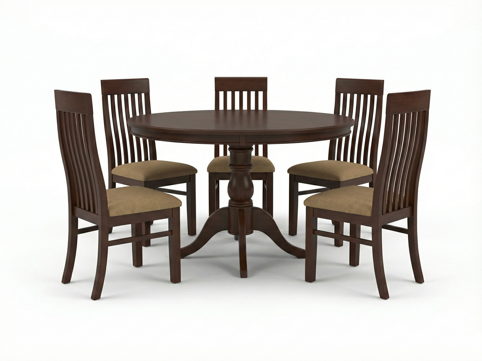Side view Lin circular dining table made out of Mahogany wood with 4 Bella Chairs