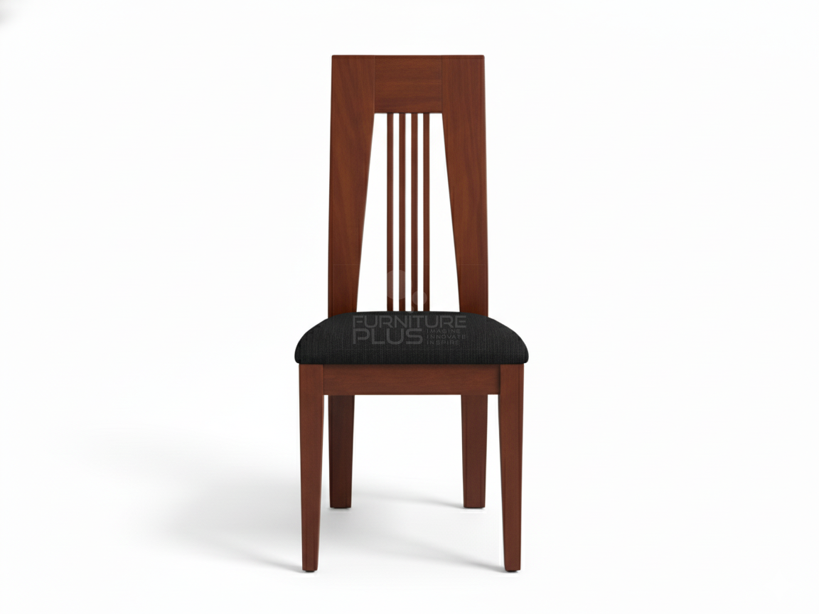 Front view of Lisa wooden dining chair with a medium cherry or walnut stain. The tall back panel features a narrow inset section of vertical slats. The seat is padded and covered in textured black fabric