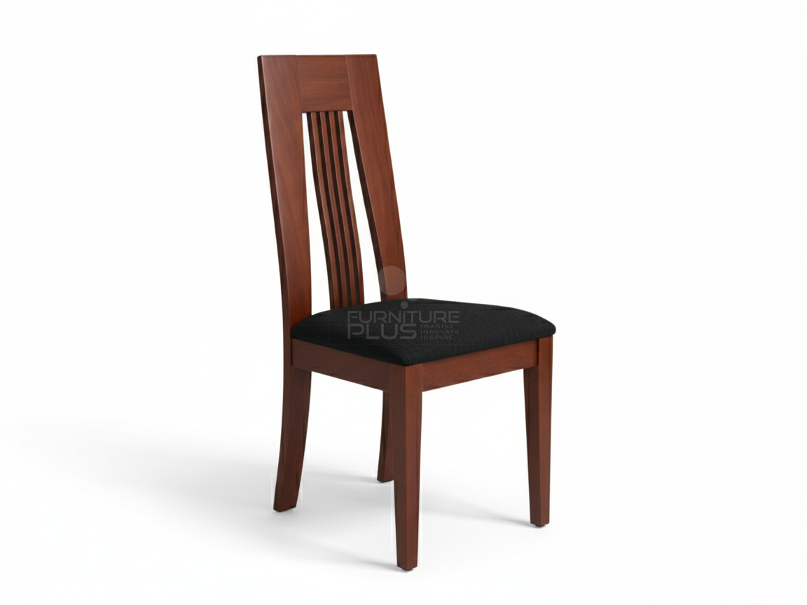 Lisa wooden dining chair with a medium cherry or walnut stain. The tall back panel features a narrow inset section of vertical slats. The seat is padded and covered in textured black fabric