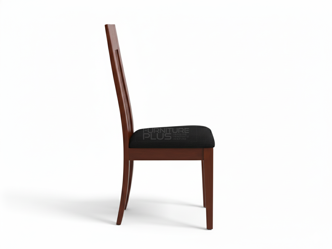 Side view of Lisa wooden dining chair with a medium cherry or walnut stain. The tall back panel features a narrow inset section of vertical slats. The seat is padded and covered in textured black fabric