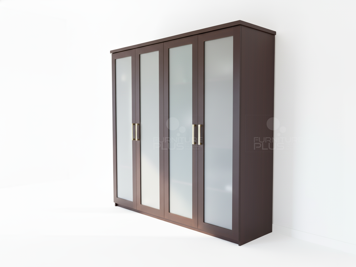 Side view of a modern Lorde four-door wardrobe in a dark espresso brown wood finish. Each door features a large, vertical frosted glass panel, and the two central doors have vertical cylindrical bronze-tone handles