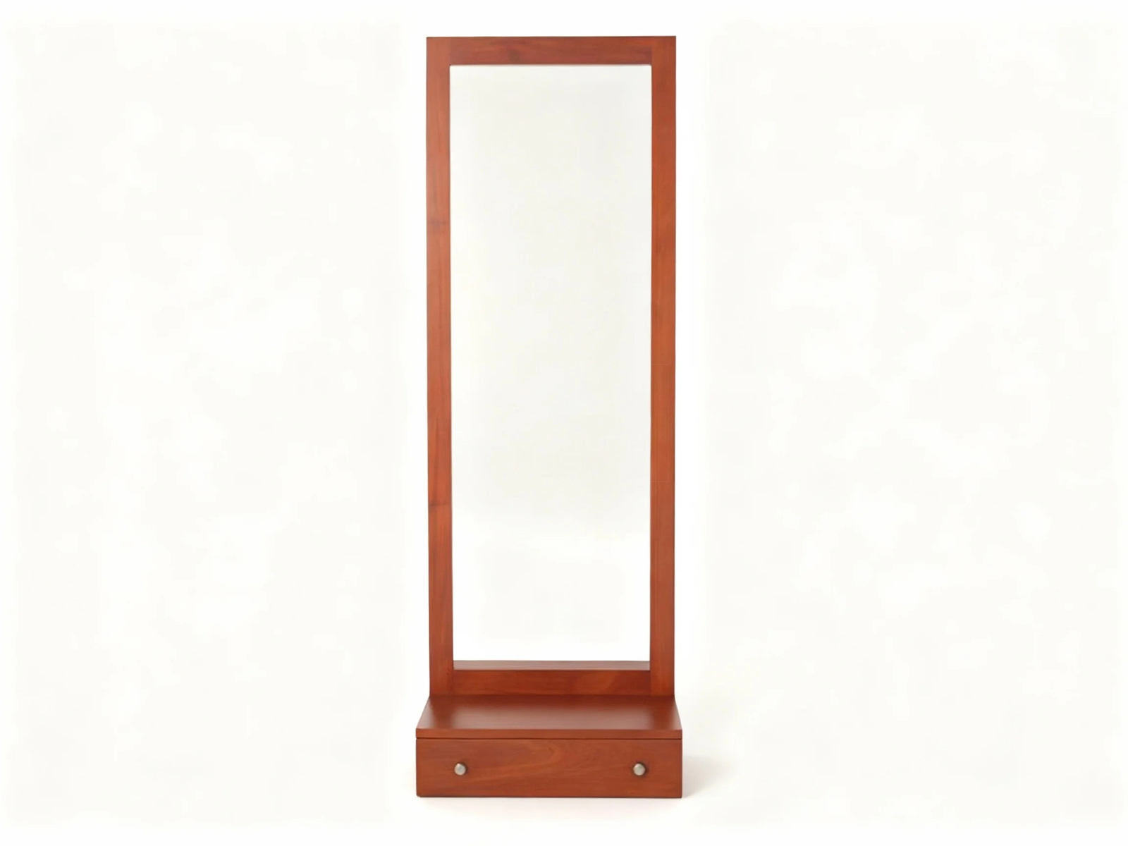 Front view of Louisa minimalist wall-mounted dressing table with a warm wood tone. The unit includes a practical drawer for storage and a tall vertical mirror, perfect for maximizing floor space