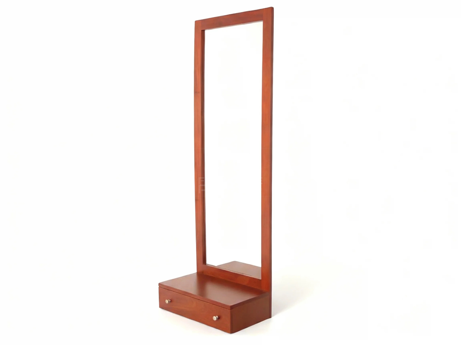 Side view of Louisa minimalist wall-mounted dressing table with a warm wood tone. The unit includes a practical drawer for storage and a tall vertical mirror, perfect for maximizing floor space