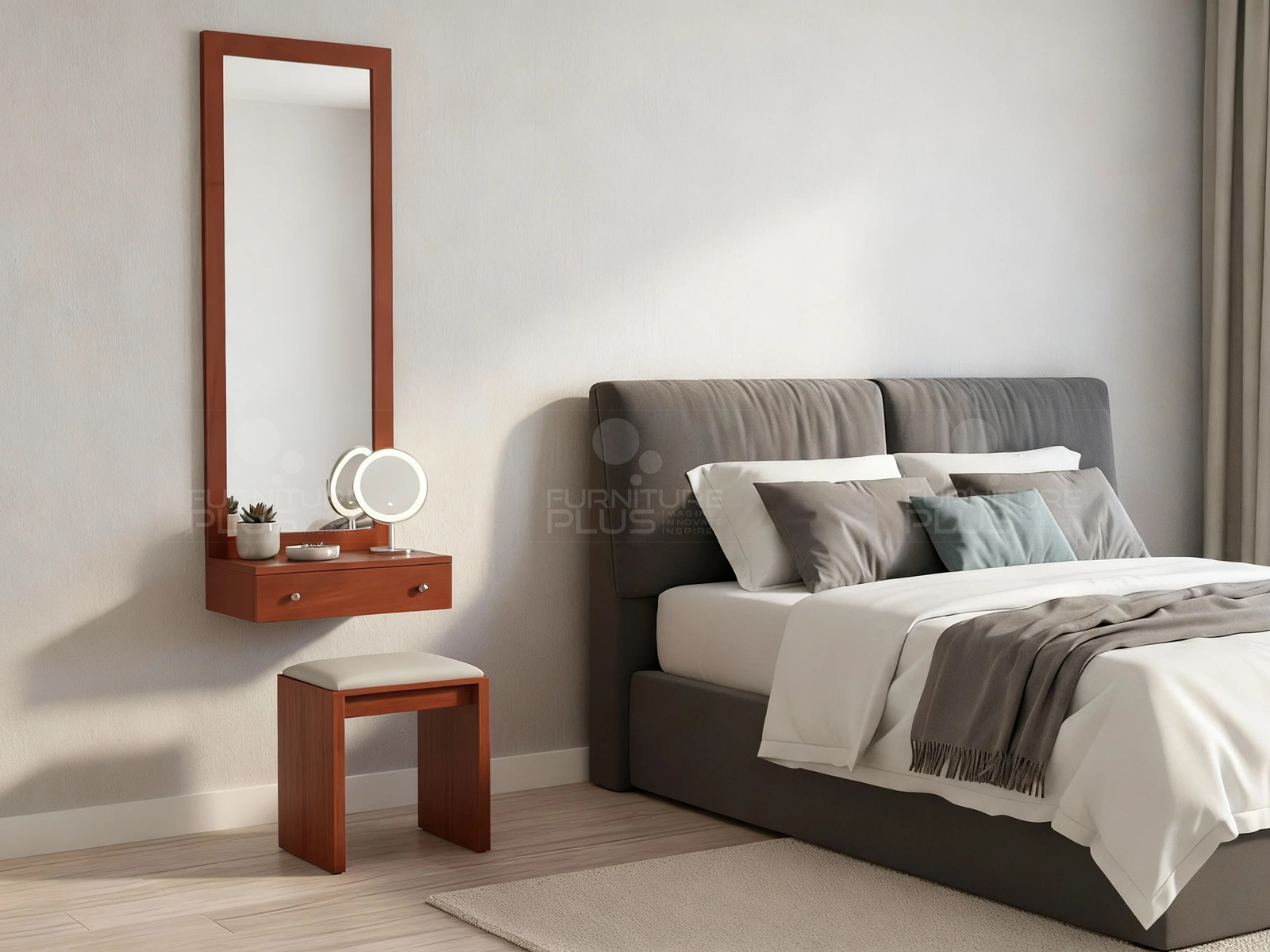 Staged image of a minimalist, Louisa wall-mounted Mahogany wood vanity with a drawer, an attached full-length mirror, and a matching stool in a bedroom setting
