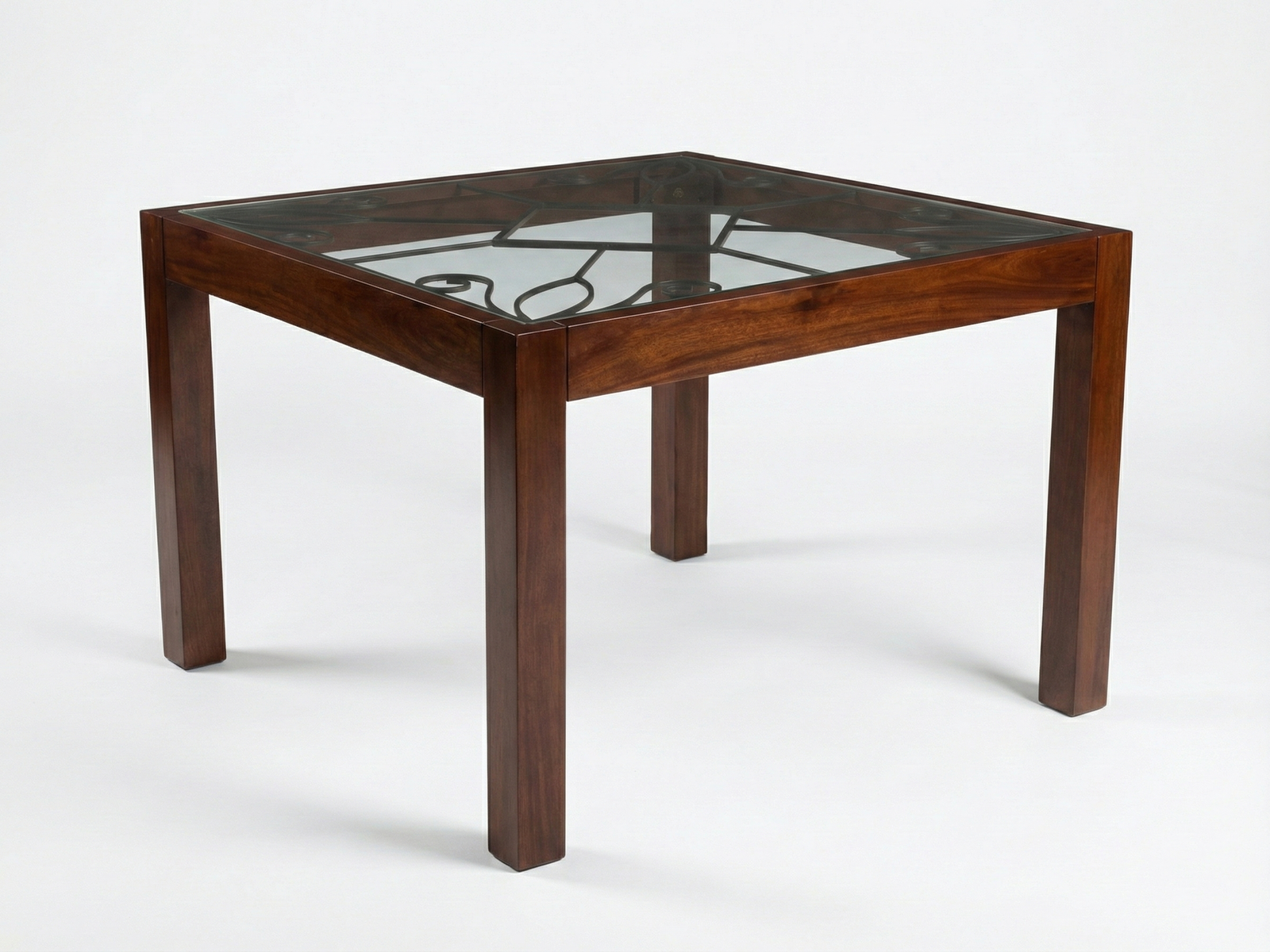 Side view of Lucas dining table with a clear glass top and solid square leg frame made out of solid Mahogany timber