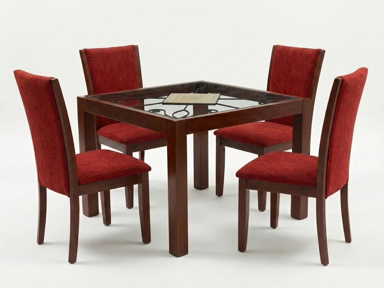 Side view of Lucas dining table with a clear glass top and solid square leg frame made out of solid Mahogany timber with 4 Chairs